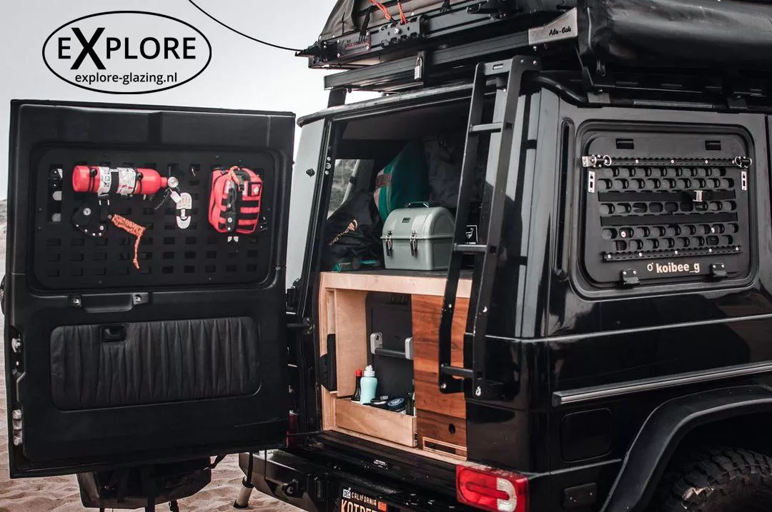 Explore Glazing gull wing window Mercedes G LWB and molle system rear door