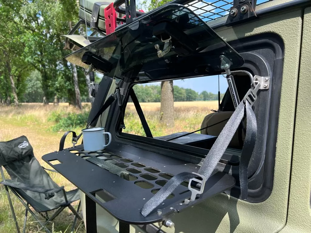Explore Glazing Lada gullwing window with an Explore Overlander fold down table